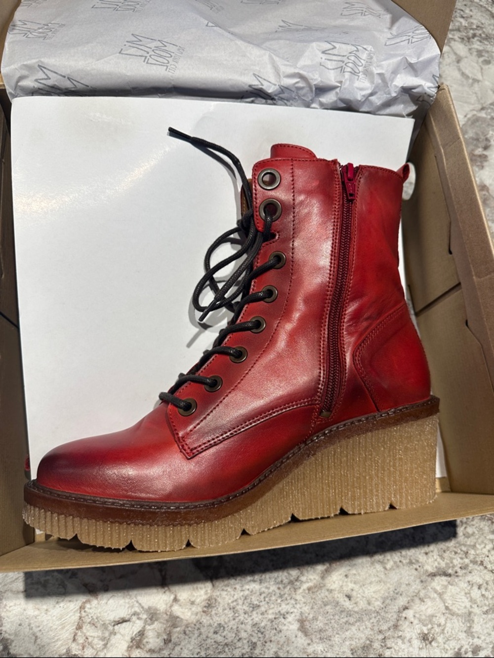 Miz Mooz Red Lace-Up Wedge Boot with Side Zip - Brand new. Never worn.  Original